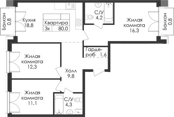 3-комнатная квартира 80 м², 7/9 эт., ЖК «Лермонтовский 54»